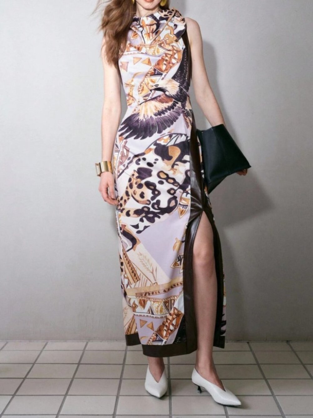 Ivory Tan Eagle Print Stand Collar Sleeveless Maxi Dress